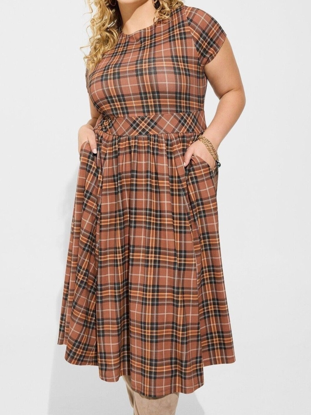 NWT TORRID Plaid STUDIO PONTE Midi Dress in Brown, Size M/L